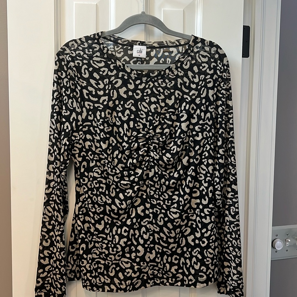 CABI sweetheart Top tan, and black animal print with sheer mesh top